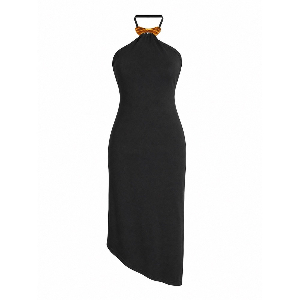 Vintage Y2K BCBG MaxAzria Halter Asymmetric Bodycon Black Midi Dress 90s LBD XS
